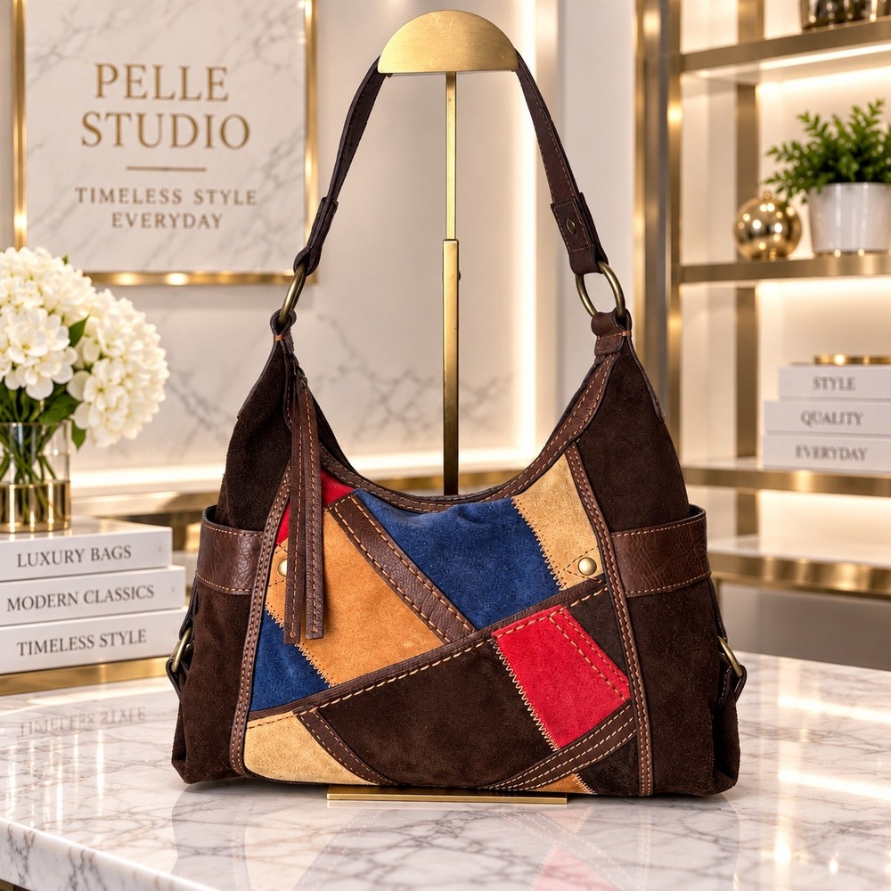 Vintage Patchwork Suede Hobo Shoulder Bag Brown Multi Color Boho Pelle Studio
